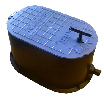 ground-level water meter box with inlet and outlet fittings for 15mm and 20mm meters, weather-resistant plastic enclosure