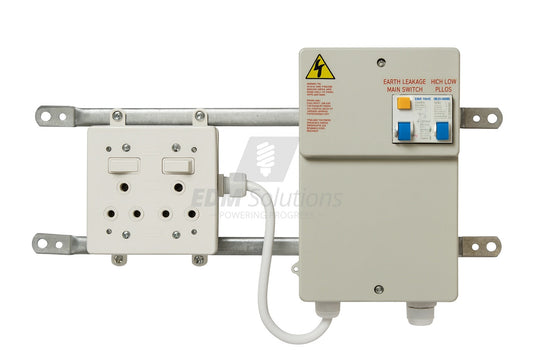 Single-phase split meter ready board with earth leakage switch, circuit breakers, and multi-standard socket outlet assembly on steel mounting rail.