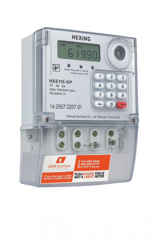 Hexing Single Phase HXE115-KP prepaid electricity meter with digital display and keypad for residential energy management